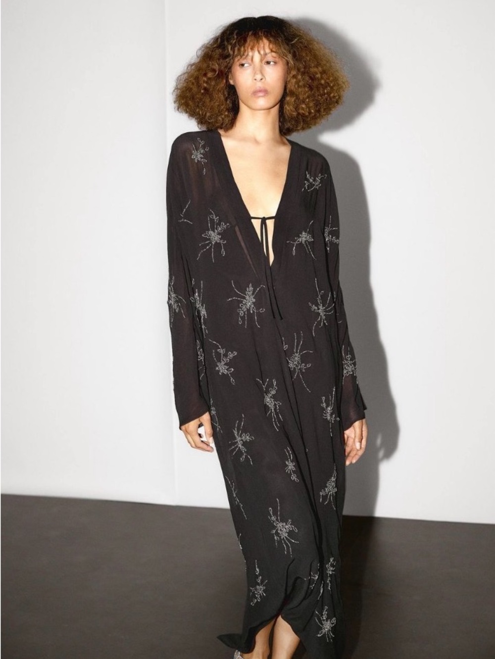 Massimo Dutti Black Long Embroidered V-Neck Maxi Dress